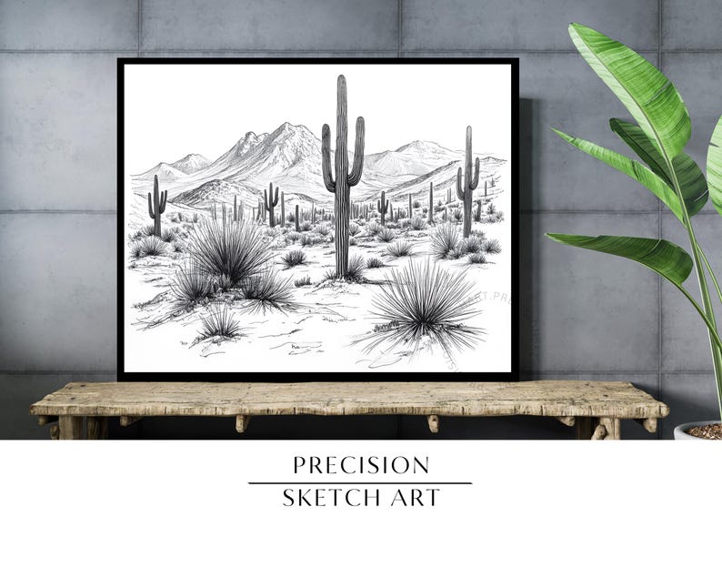Desert Cactus Landscape Sketch | Black and White Southwestern Art ...