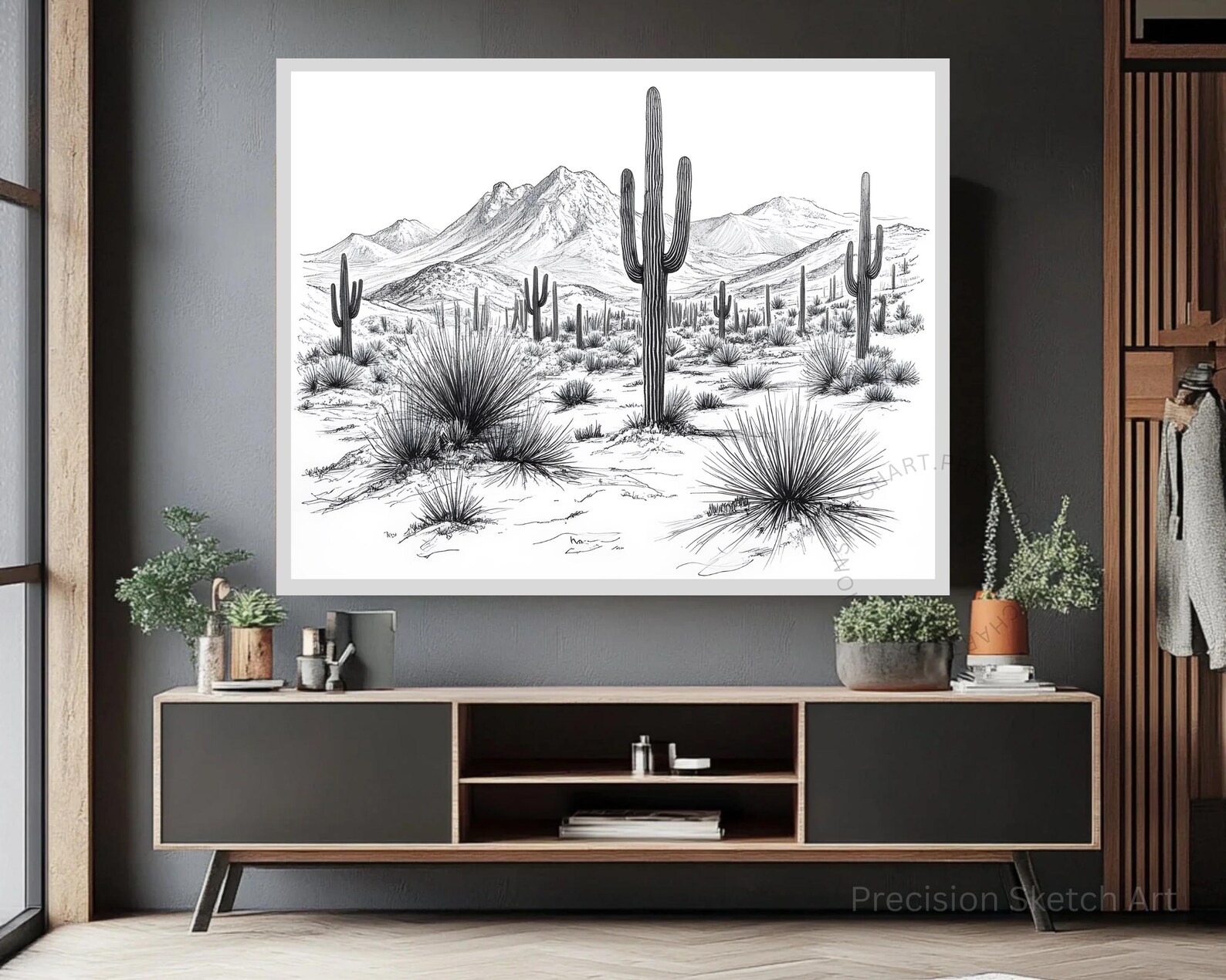 Desert Cactus Landscape Sketch | Black and White Southwestern Art ...