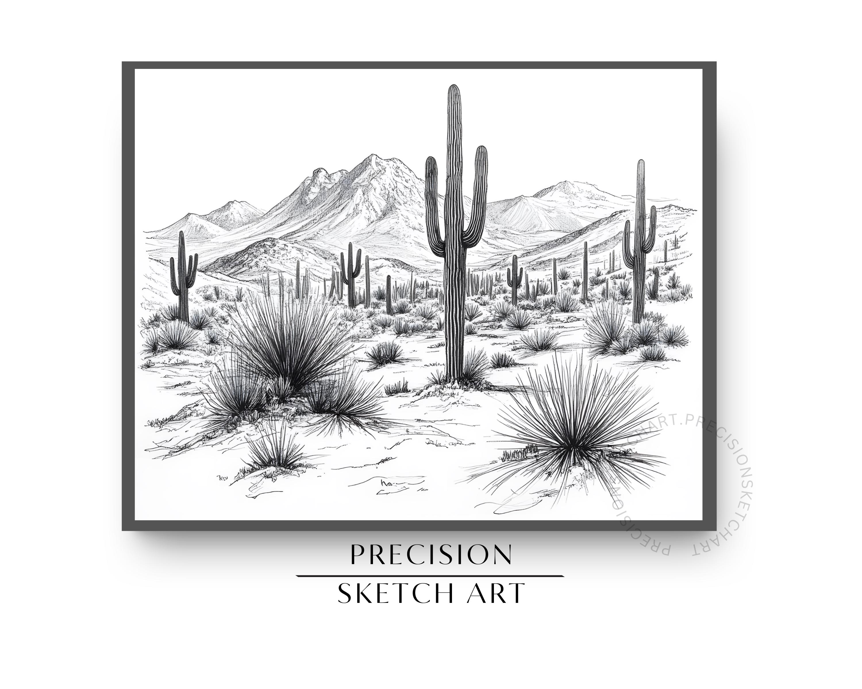Desert Cactus Landscape Sketch | Black and White Southwestern Art ...