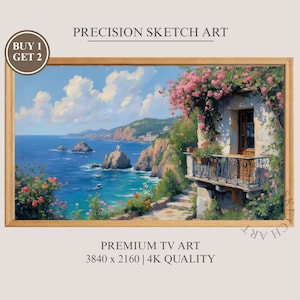 May include: A framed landscape painting depicts a coastal scene with a blue sea, rocky cliffs, and a building with a balcony covered in pink flowers. The text "PRECISION SKETCH ART" and "PREMIUM TV ART" are visible.
