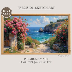 May include: A framed landscape painting of a coastal scene. The artwork features a pathway leading to the ocean, with vibrant pink roses and lush greenery. The sky is blue with fluffy white clouds. The frame is a light brown color. The text "PRECISION SKETCH ART" is at the top.