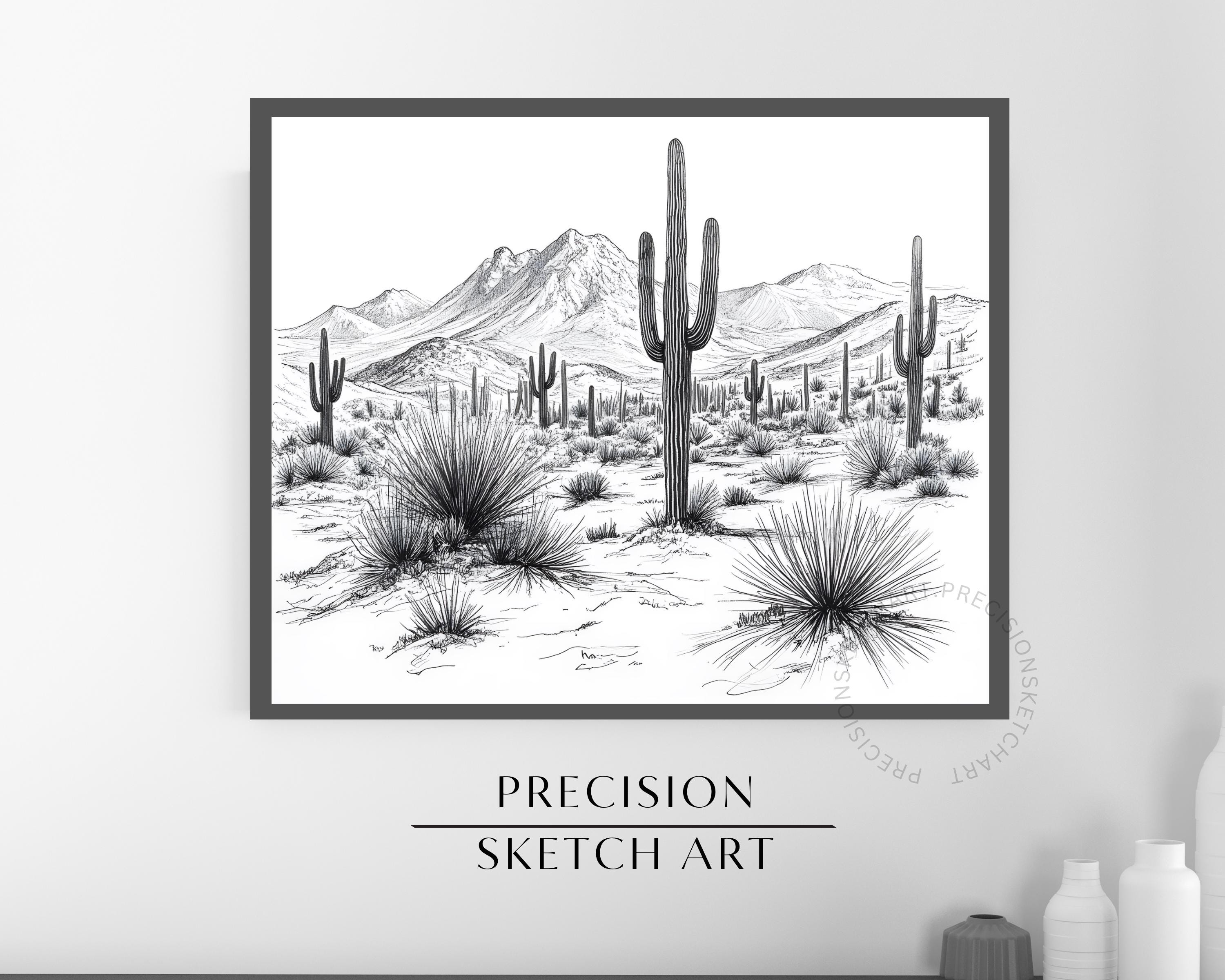 Desert Cactus Landscape Sketch | Black and White Southwestern Art ...