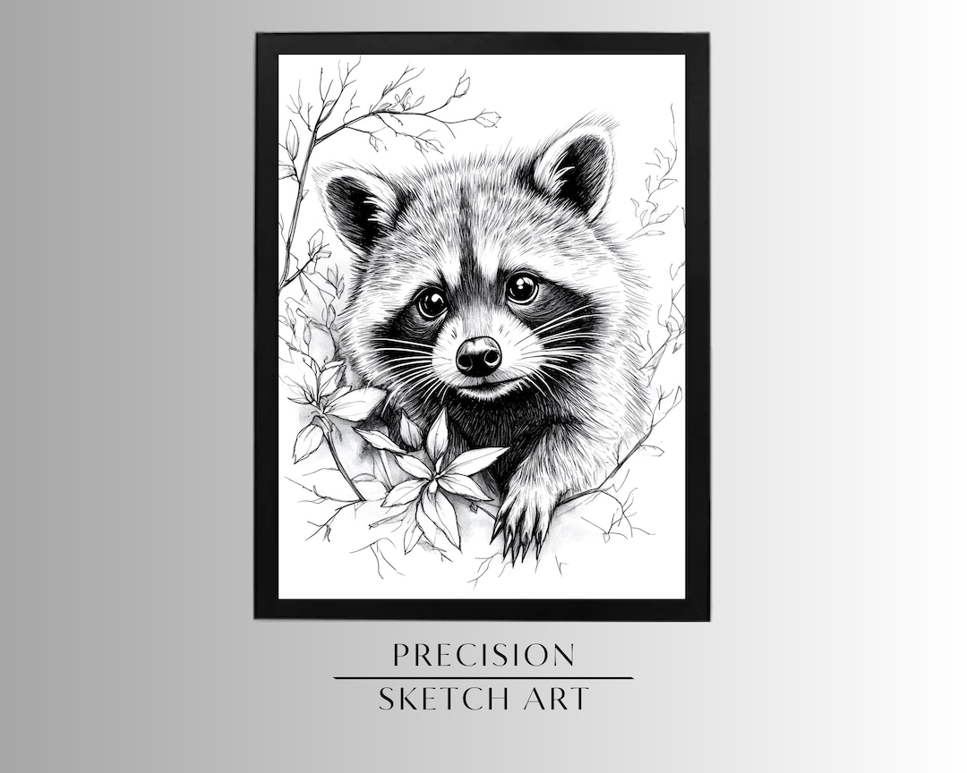Raccoon Sketch Illustration | Black and White Woodland Animal Art ...