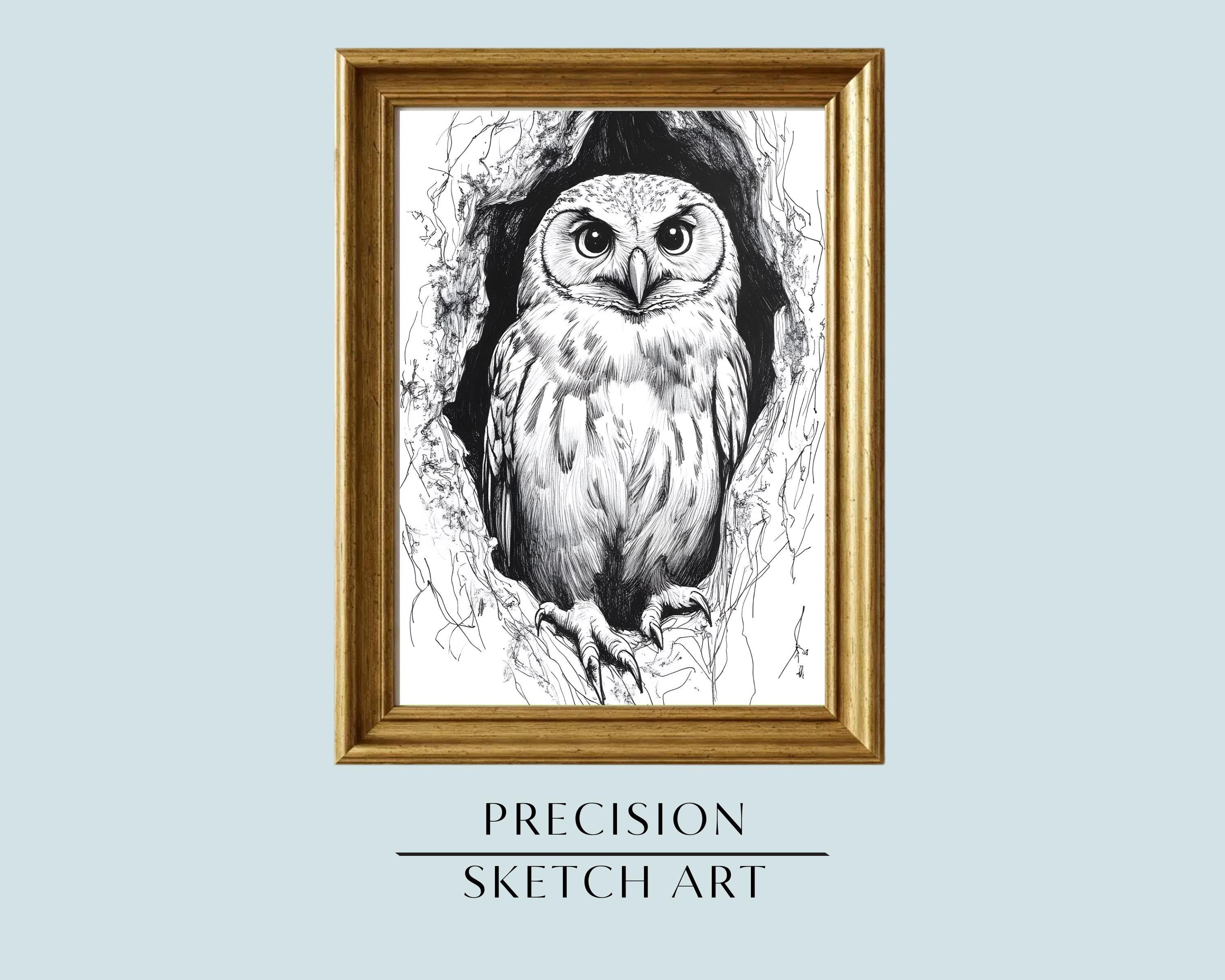Owl in Tree Illustration | Black and White Woodland Bird Sketch | Rustic Wildlife Printable | Nature