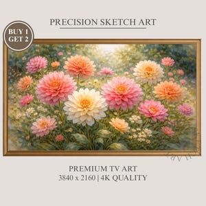 May include: A framed floral print featuring a vibrant garden of pink, peach, and white dahlias. The artwork is set against a soft, blurred background, with the text "PRECISION SKETCH ART" and "PREMIUM TV ART" visible. The image resolution is 3840 x 2160, 4K quality.