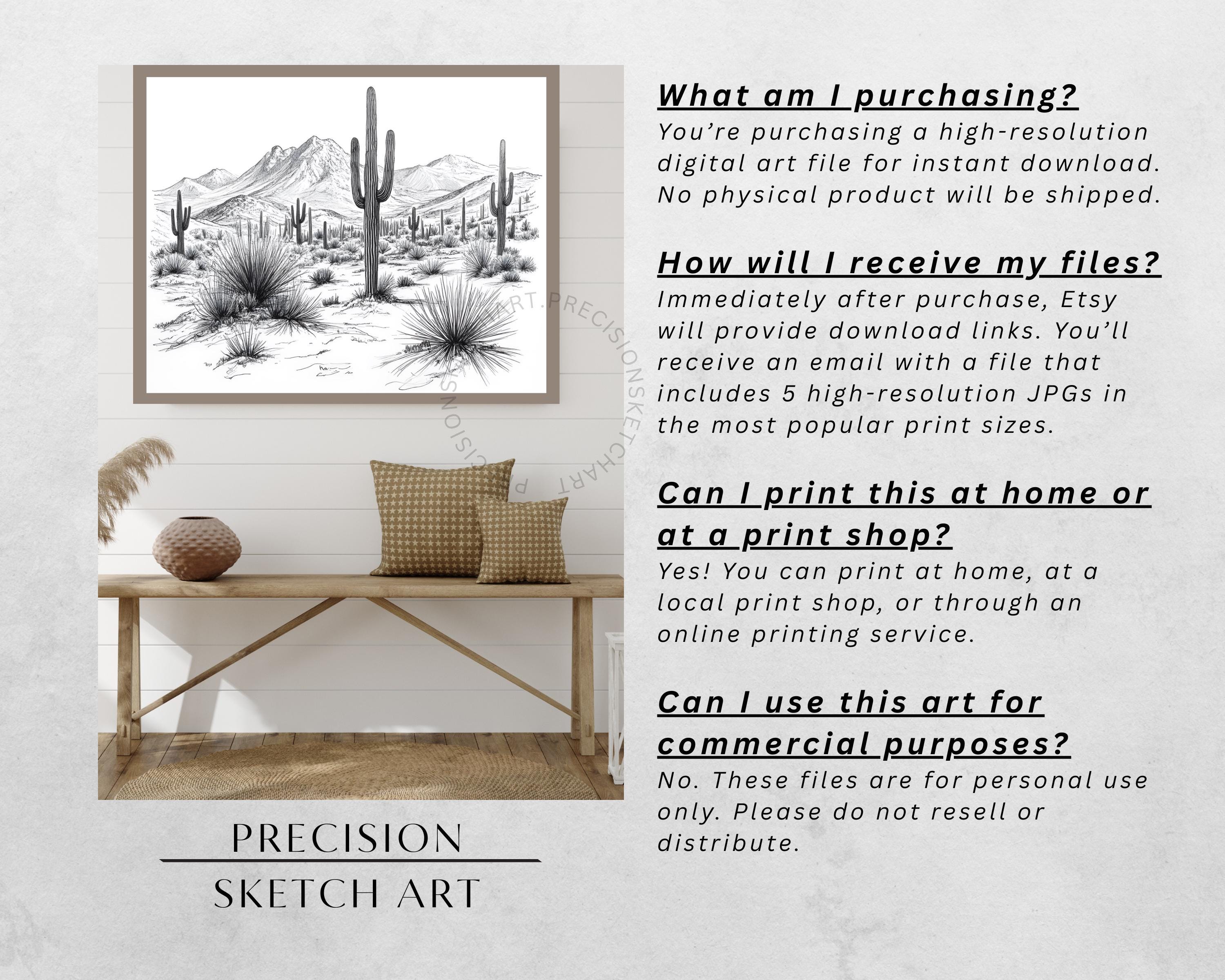 Desert Cactus Landscape Sketch | Black and White Southwestern Art ...
