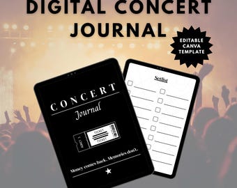 Może przedstawiać: Dwa czarne tablety cyfrowe wyświetlające dziennik koncertowy. Jeden tablet pokazuje słowa "CONCERT Journal" i grafikę biletu. Drugi tablet wyświetla szablon setlisty. Tekst "DIGITAL CONCERT JOURNAL" znajduje się na górze.