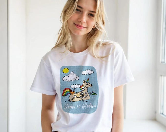 Time to Relax T-Shirt | Skeleton on Unicorn Float | Beach Vibes Tee