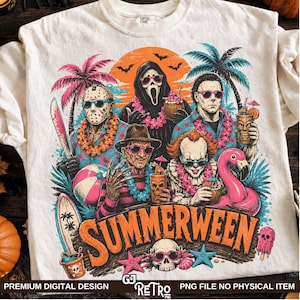 May include: A cream-colored t-shirt featuring a graphic print of five horror movie characters wearing sunglasses and floral leis. The design includes palm trees, a beach ball, a flamingo float, and the text SUMMERWEEN in orange letters.