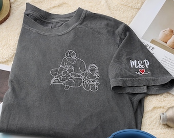 Comfort Colors Embroidered Photo Shirt - Custom Dad Portrait Outline Tshirt - New Dad Gift - Line Art Picture Drawing Gift