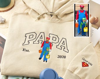 Personalized Dad Hoodie - Custom Embroidered Papa Portrait Sweater - Father To Be Gift