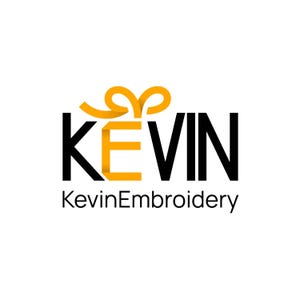 May include: A logo featuring the name "KEVIN" in black, with the letter "E" in yellow and a yellow ribbon design above. Below the name is the text "KevinEmbroidery" in black, all set against a white background.