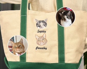Custom Embroidered Pet Canvas Tote Bag: Book Bag with Cat Portrait, Tote Bag with Photo, Cat Mom Gift