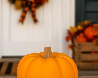 May include: A matte orange pumpkin with a latte brown stem sits on a wooden surface. A fall wreath with orange and red leaves hangs in the background. A wooden crate with pumpkins and leaves is also visible.