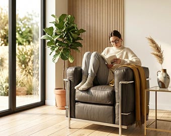 Sillón clásico Bauhaus de cuero negro / Sillón con exoesqueleto cromado / Asientos de lujo discreto de estilo moderno de mediados de siglo