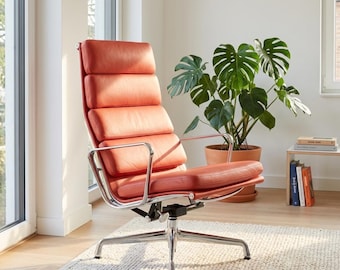 Silla ejecutiva de cuero rojo ladrillo con respaldo alto / Silla de escritorio moderna de mediados de siglo con acolchado suave