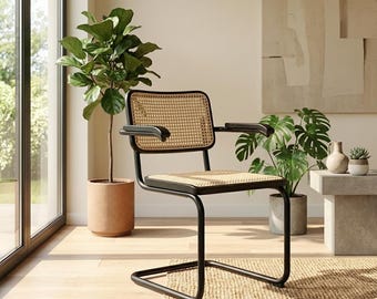Black Cantilever Cane Dining Chair | Mid-Century Bauhaus Rattan Accent Home Decor