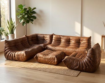 Conjunto de sofá modular seccional em couro marrom | Conjunto de 5 peças para sala de estar