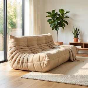 Sand Suede Postmodern Loveseat | Quilted Floor Sofa | 2-Seater Minimalist 'Quiet Luxury' Living Room Lounge