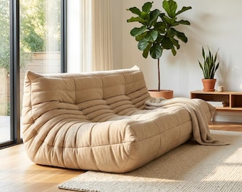Sand Suede Postmodern Loveseat | Quilted Floor Sofa | 2-Seater Minimalist 'Quiet Luxury' Living Room Lounge