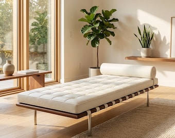 Tufted Leather Daybed | Walnut, Steel, Mid-Century Modern Chaise Lounge