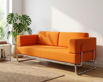 Mid-Century Modern Orange Sofa, Bauhaus Tubular Chrome Loveseat, Retro Living Furniture