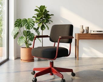 Silla de oficina giratoria industrial color burdeos / Detalles en nogal macizo, asientos minimalistas Bauhaus para espacios de trabajo.