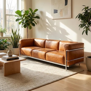 May include: A modern, three-seat sofa with a brown leather upholstery and a stainless steel frame. The sofa is placed in a well-lit living room with plants and a wooden coffee table. The sofa measures approximately 84 inches in length.
