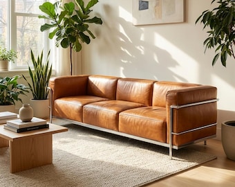 Sofá de cuero color coñac de estilo moderno de mediados de siglo / Sofá de 3 plazas con estructura tubular cromada