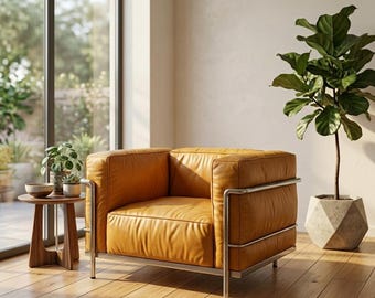 Moderne okerkleurige leren fauteuil uit het midden van de eeuw | Chroom exoskelet loungestoel | Bauhaus minimalistische 'stille luxe' zitplaatsen