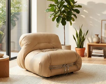 Postmodern Beige Leather Lounge Chair | Italian Minimalist Chrome Accent Seating