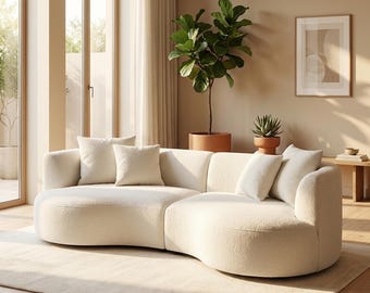 Divano modulare curvo in bouclé color crema / Divano a mezzaluna scultoreo / Seduta moderna organica "lusso discreto"