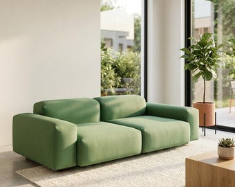 Sage Green Blocky 2-Seater Sofa | Minimalist Monolithic Loveseat | Contemporary 'Quiet Luxury' Living Room Seating