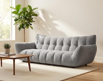 Cloud Bouclé Sofa | Grey Tufted 3-Seater Curved Lounge Furniture