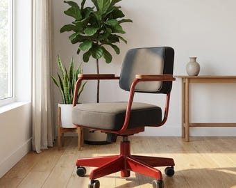 Silla de oficina posmoderna color burdeos y carbón / Silla de escritorio auxiliar de nogal / Espacio de trabajo cuidadosamente diseñado con un toque de "lujo discreto".