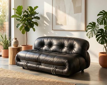 Postmodern Black Leather Loveseat | Italian Chrome Clasp Sofa, Quiet Luxury Seating
