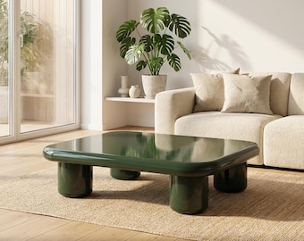Post-Modern Glossy Forest Green Coffee Table | Bold Sculptural Center Table | High-Gloss Resin Lacquer Furniture