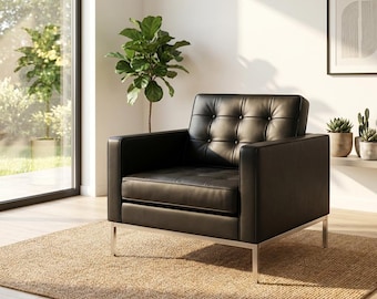 Mid-Century Modern Black Leather Club Chair | Tufted Chrome-Leg Armchair | Minimalist 'Quiet Luxury' Seating