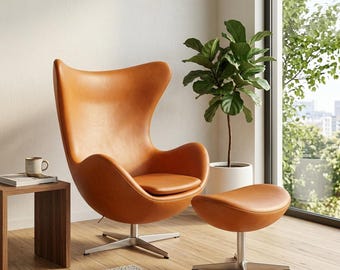 Mid-Century Modern Cognac Leder Egg Chair Ottoman Set | Skulpturale Drehbare Lounge Sitzgruppe