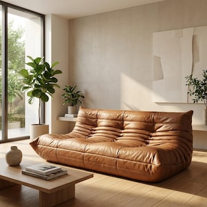 Postmodern Cognac Leather Loveseat | Quilted Floor Sofa | 2-Seater Minimalist 'Quiet Luxury' Living Room Lounge