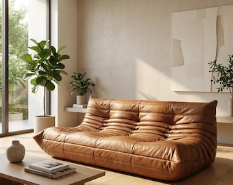 Postmodern Cognac Leather Loveseat | Quilted Floor Sofa | 2-Seater Minimalist 'Quiet Luxury' Living Room Lounge
