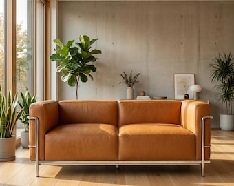 Mid Century Modern Leder Sofa, Chromstahlrahmen, Bauhaus Stil 2 Sitzer Couch