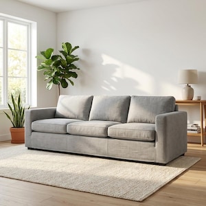 Light Gray Linen 3-Seater Sofa, Modern Minimalist Living Room Couch