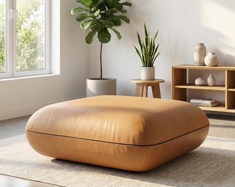 Tan Leather Pebble Ottoman | Square Oversized Floor Pouf | Japandi Minimalist 'Quiet Luxury' Footstool