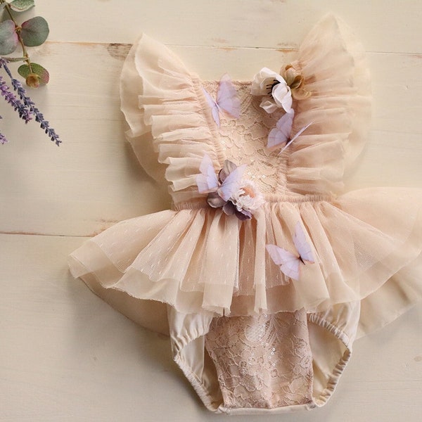 Lavender and Beige Butterfly Gardenia Sitter Romper / 6-12 months / Cake Smash Outfit / Dress