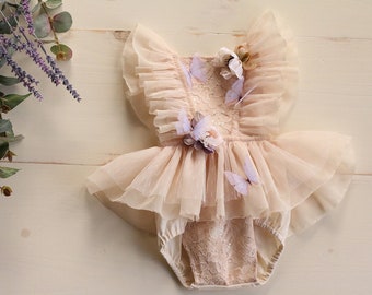 Lavender and Beige Butterfly Gardenia Sitter Romper / 6-12 months / Cake Smash Outfit / Dress