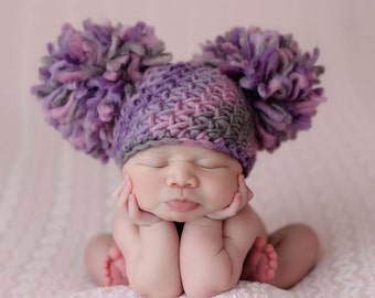 Crochet Baby Hat/ Newborn Photography Prop/ Double Pom Pom Beanie/