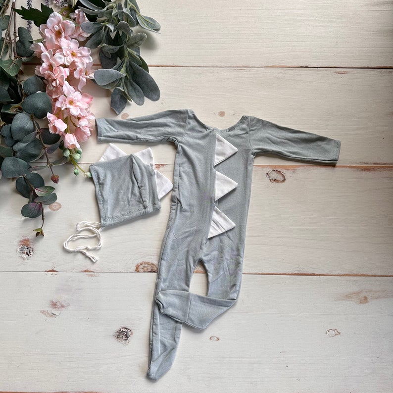 Sage Green Newborn Dinosaur Pajama Set /Newborn Prop Set / Bonnet and Footie Romper image 5