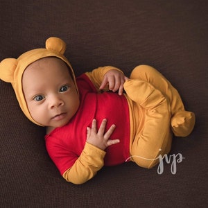 Newborn Bear Bonnet and Pajama Set /Newborn Prop Set / Bear hat and Footie Romper/ Bear Pajama