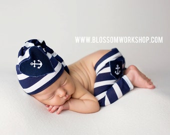 Newborn Knot Hat and Pant Set / Nautical Prop Set / Sailor Pants/ Navy Blue Stripes